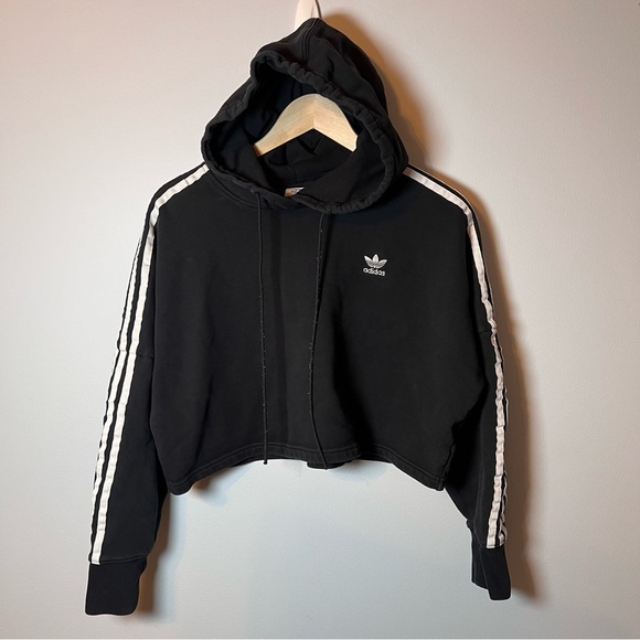 adidas Tops - Adidas 3 Stripe Logo Oversized Cropped Hoodie Womens S Black Pullover Sweatshirt